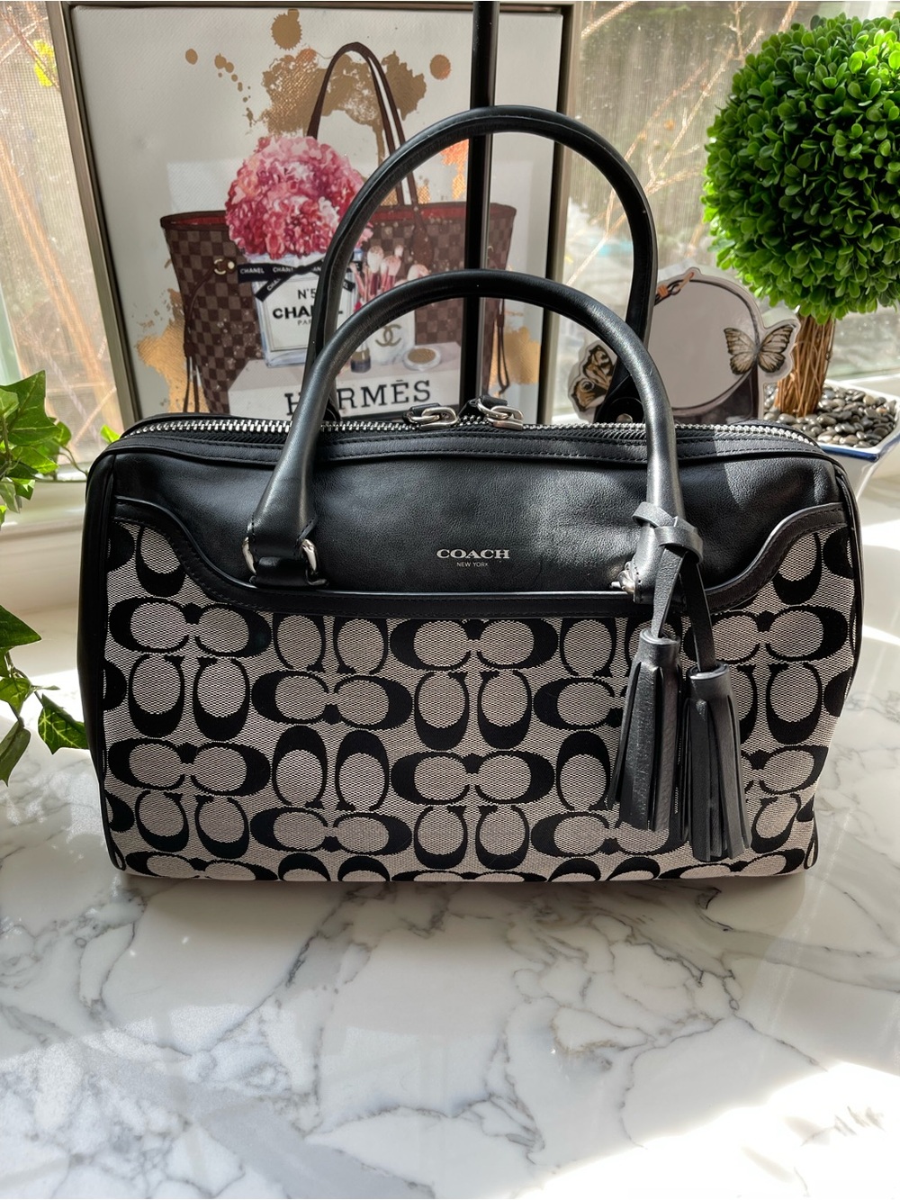 COACH Black and Cream Signature Satchel with Tassel